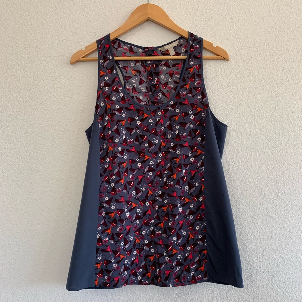 Banana Republic Bird-print Grey & Red Tank Blouse
